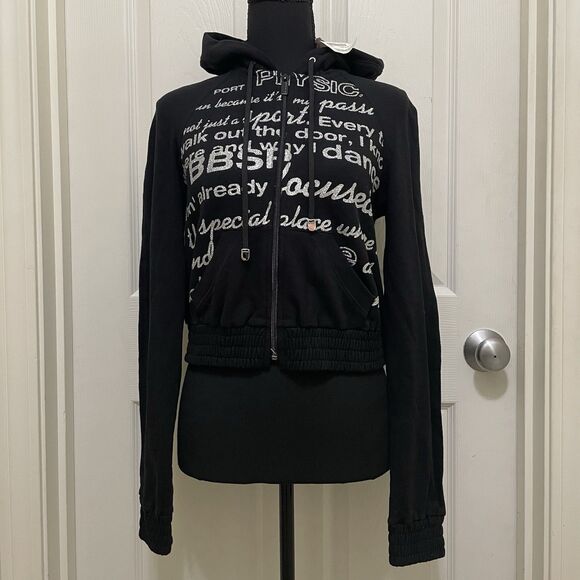 Vintage Bebe Sport Cropped Hoodie Black w/ Glitter Words Y2K Stretchy NWT Bling - Picture 4 of 9
